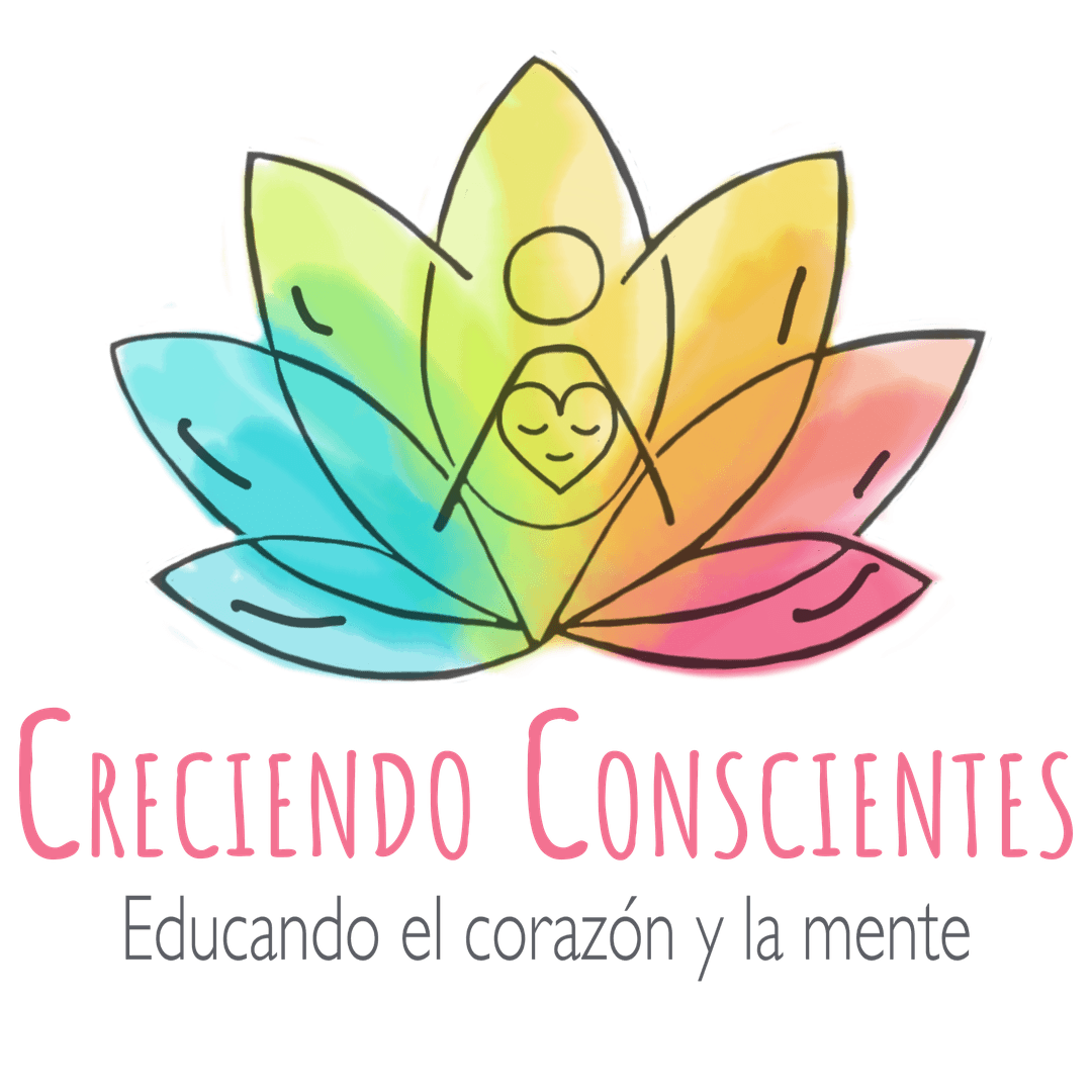 Ilustración de un loto multicolor con una figura serena en el centro, símbolo de Creciendo Conscientes